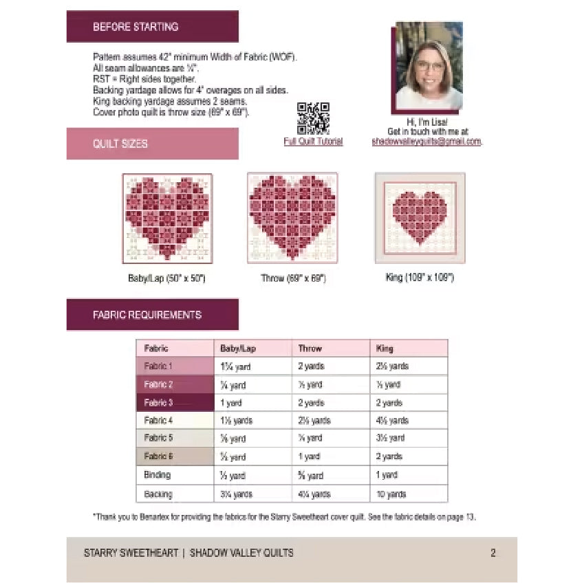 A quilt pattern information sheet for Starry Sweetheart and Shadow Valley Quilts, showing quilt sizes labeled Baby Lap, Throw, and King with heart-shaped quilt illustrations, fabric requirement tables, a QR code, and a small user photo.