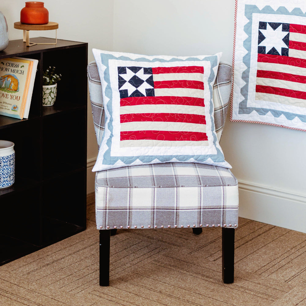 Chair with a decorative pillow featuring an American flag design, in a room with a bookshelf and wall art.