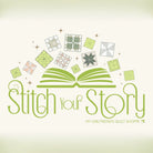 A digital graphic design featuring the text 'Stitch your Story' in a light green cursive font, with an open book illustration above it and various quilt block patterns floating above. The text 'MY GIRLFRIEND'S QUILT SHOPPE' is written at the bottom right.