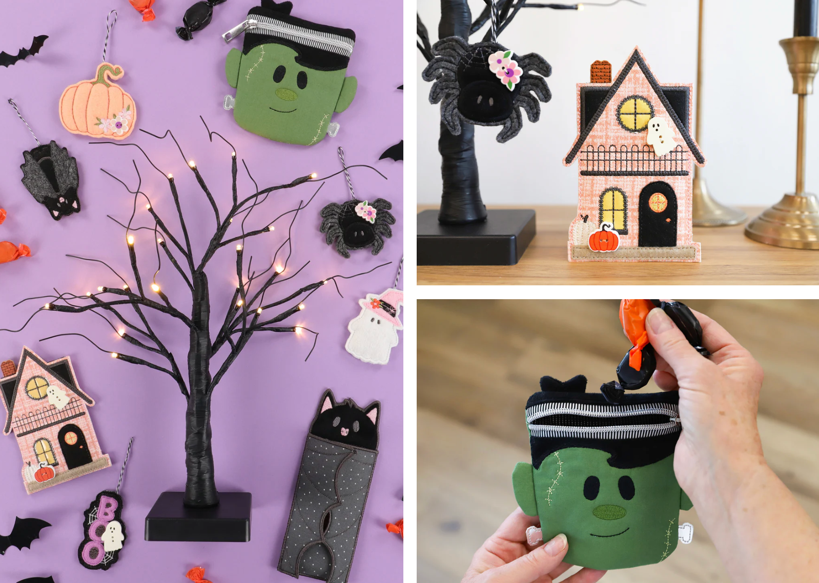 Halloween-themed decorations including a tree, houses, and a Frankenstein-shaped pouch.