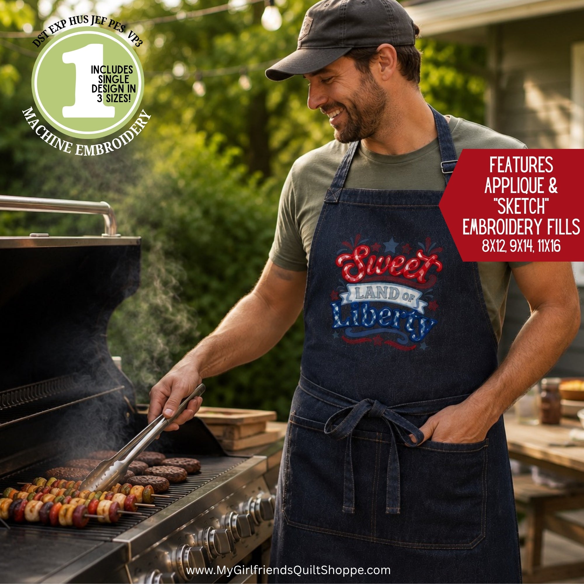 Man grilling outdoors wearing a denim apron with embroidered text, surrounded by greenery.