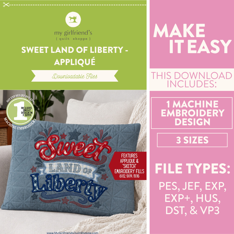 Embroidery design kit for 'Sweet Land of Liberty' on a pillow with product details on a pink and green background.