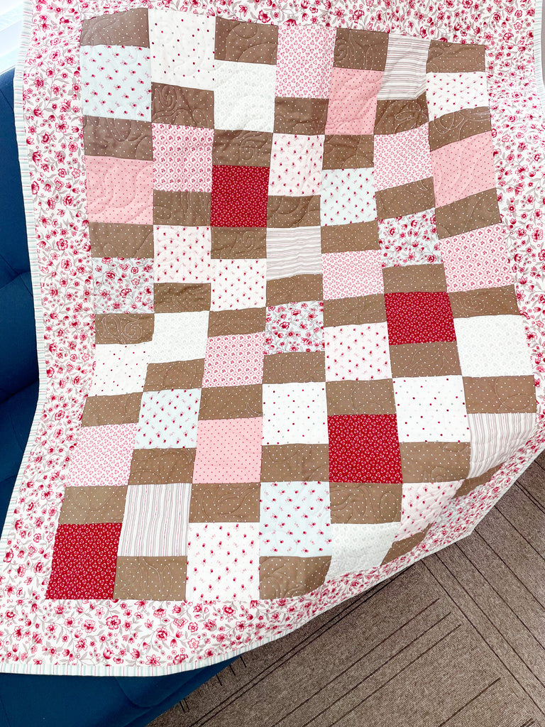 Typical Day Quilt Kit, Floral Quilt with brown, red, and white squares