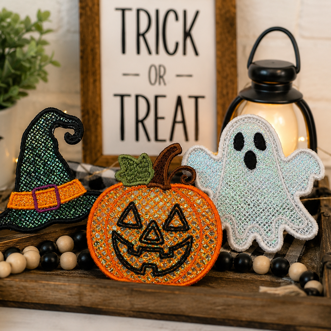 Three embroidered Halloween-themed fabric patches displayed on a rustic wooden tray: a witch hat in black and orange, a jack-o'-lantern in orange with black details, and a ghost in pale blue with black details. A potted plant, string lights, a lantern, and a framed 'Trick or Treat' sign are arranged in the background.