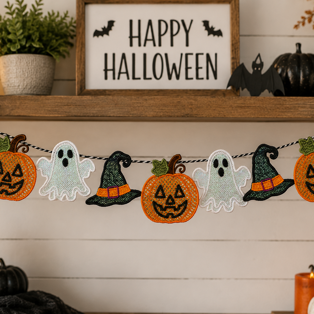 Halloween decorative garland with embroidered jack-o'-lanterns, ghosts, witch hats, and bats hanging across a wooden shelf in a styled home decor setting.