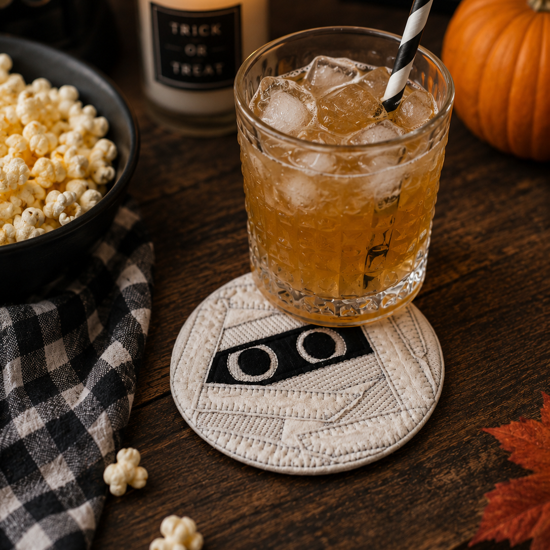 A Halloween-themed tabletop scene with a clear glass tumbler filled with an amber drink and ice, set on a round embroidered coaster. The coaster has a stitched jack-o'-lantern face.