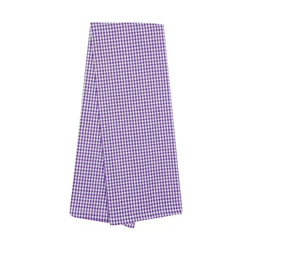 Purple and white checkered pants on a white background