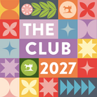 A colorful square graphic with the words 'THE CLUB 2027' in large white letters over a grid of pastel and bright geometric blocks. Small sewing machine icons appear inside several tiles, and the design uses orange, pink, red, yellow, blue, purple, green, and gray.