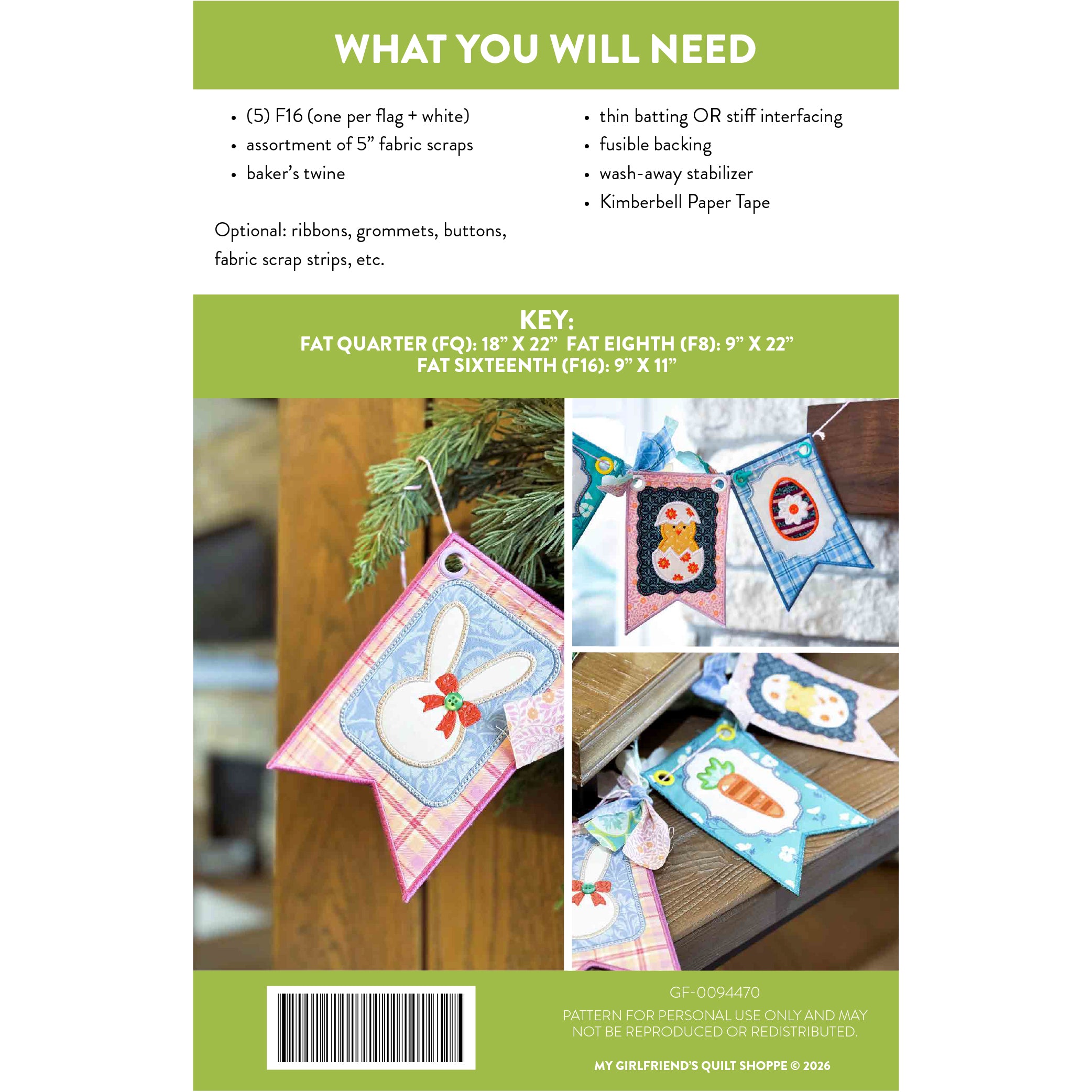 Pattern book cover with fabric flags and materials needed for a craft project.
