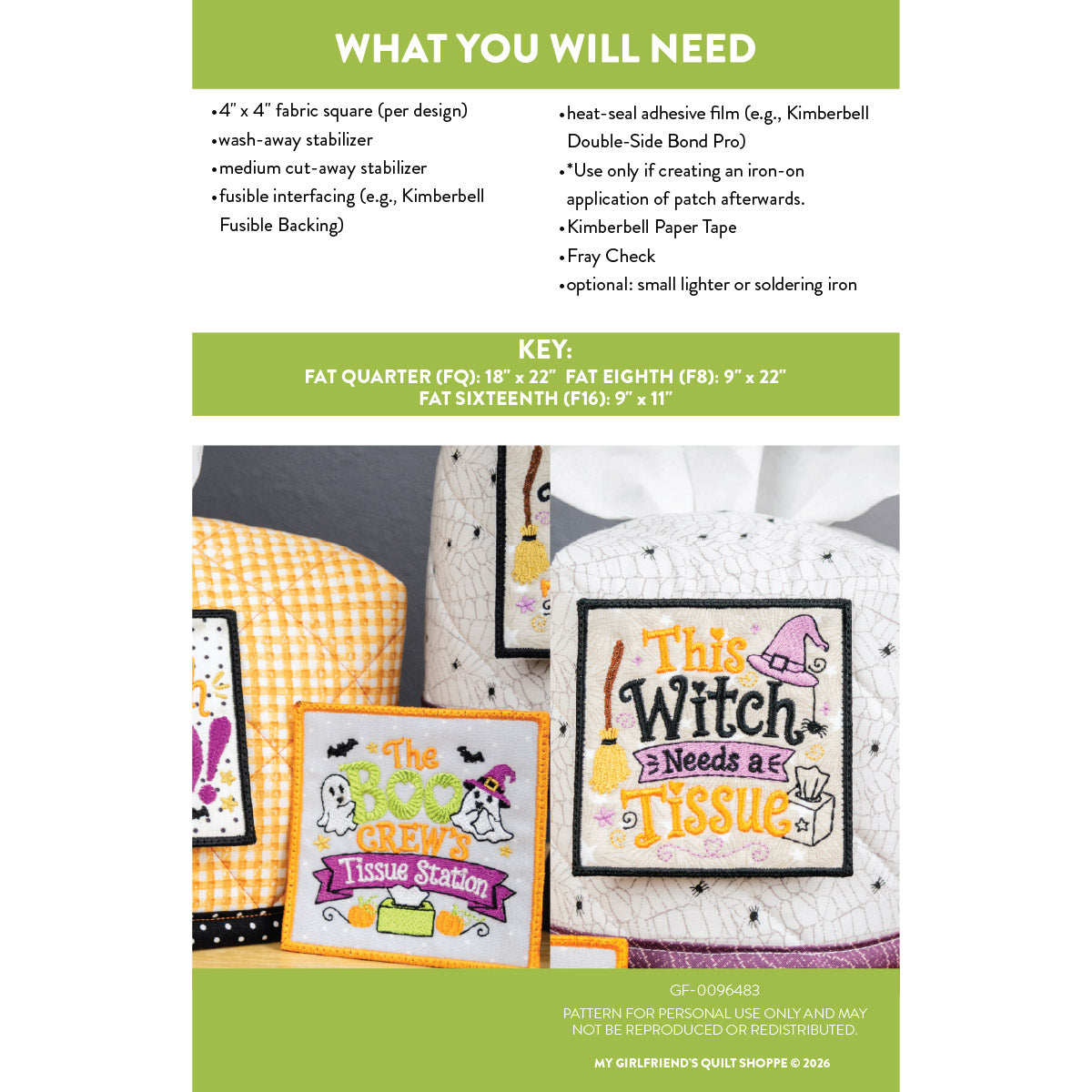 A product information graphic for a 'The Boo and the Witch' tissue sticker kit. The top half lists materials and instructions in green and white text blocks, while the bottom half shows three finished tissue sticker designs: 'The Boo and the Witch' in orange, 'This Witch Needs a Issue' in black, and a third design in a yellow-and-white gingham pattern.