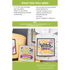 A product information graphic for a 'The Boo and the Witch' tissue sticker kit. The top half lists materials and instructions in green and white text blocks, while the bottom half shows three finished tissue sticker designs: 'The Boo and the Witch' in orange, 'This Witch Needs a Issue' in black, and a third design in a yellow-and-white gingham pattern.