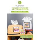 Promotional graphic for 'Tissue Box Patches: Halloween Edition' machine embroidery patterns by my girlfriend's (quilt shoppe), showing two finished tissue box covers with Halloween-themed embroidered designs on a shelf against a gray wall.