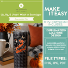 Promotional graphic for a downloadable sublimation machine design featuring the phrase 'Up, Up, & Unsew! Witch on Seamripper' with a tumbler design example. The left side shows a lifestyle scene with a black tumbler printed with a witch and cat graphic in orange, black, and white, set in a cozy indoor environment.