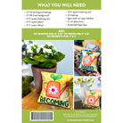 Pattern sheet for creating a decorative pillow with a watering can design and text 'Becoming'.