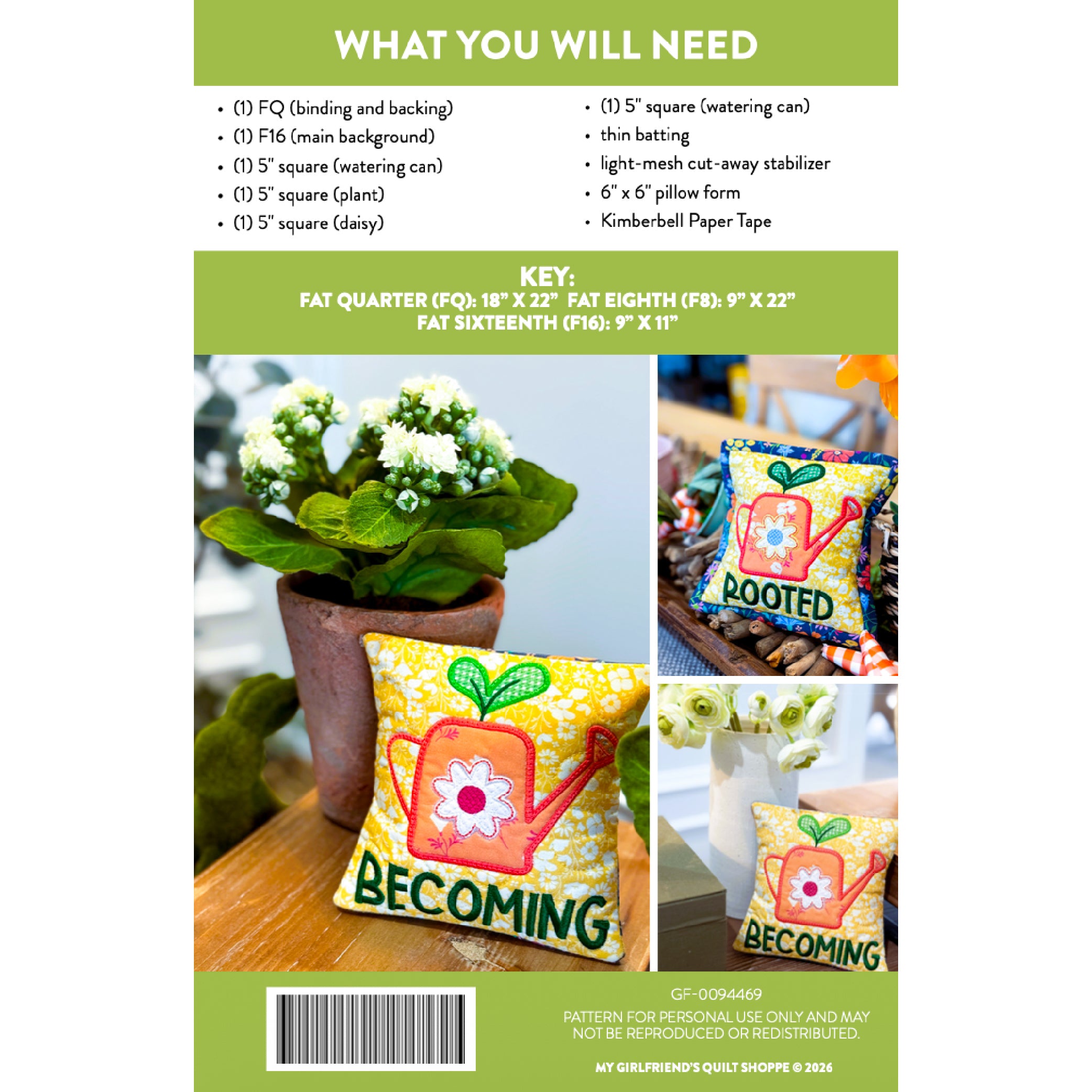 Pattern sheet for creating a decorative pillow with a watering can design and text 'Becoming'.