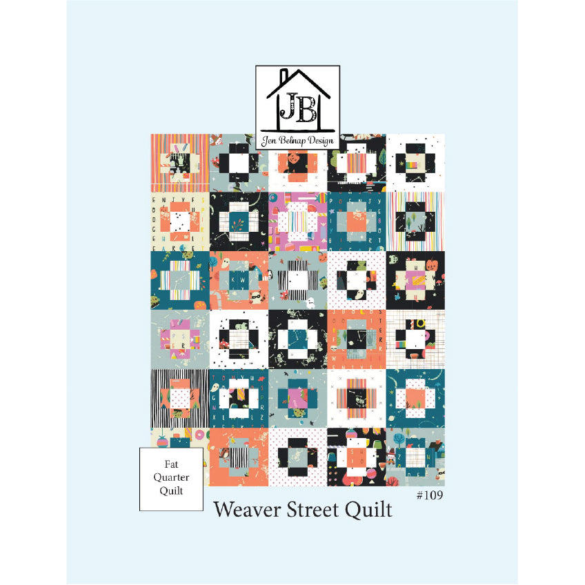 Pattern cover for the Weaver Street Quilt by Jen Wallace Design, showing a grid of colorful quilt blocks on a pale blue background with the text 'Fat Quarter Quilt' and 'Weaver Street Quilt #109'.