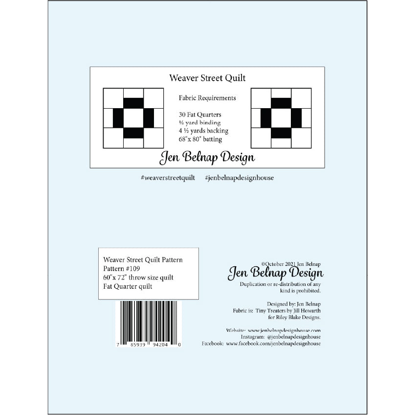 Back cover of a Weaver Street Quilt pattern booklet by Jen Betnap Design, showing fabric requirements, a quilt pattern diagram, barcode, and publisher details on a pale blue background.