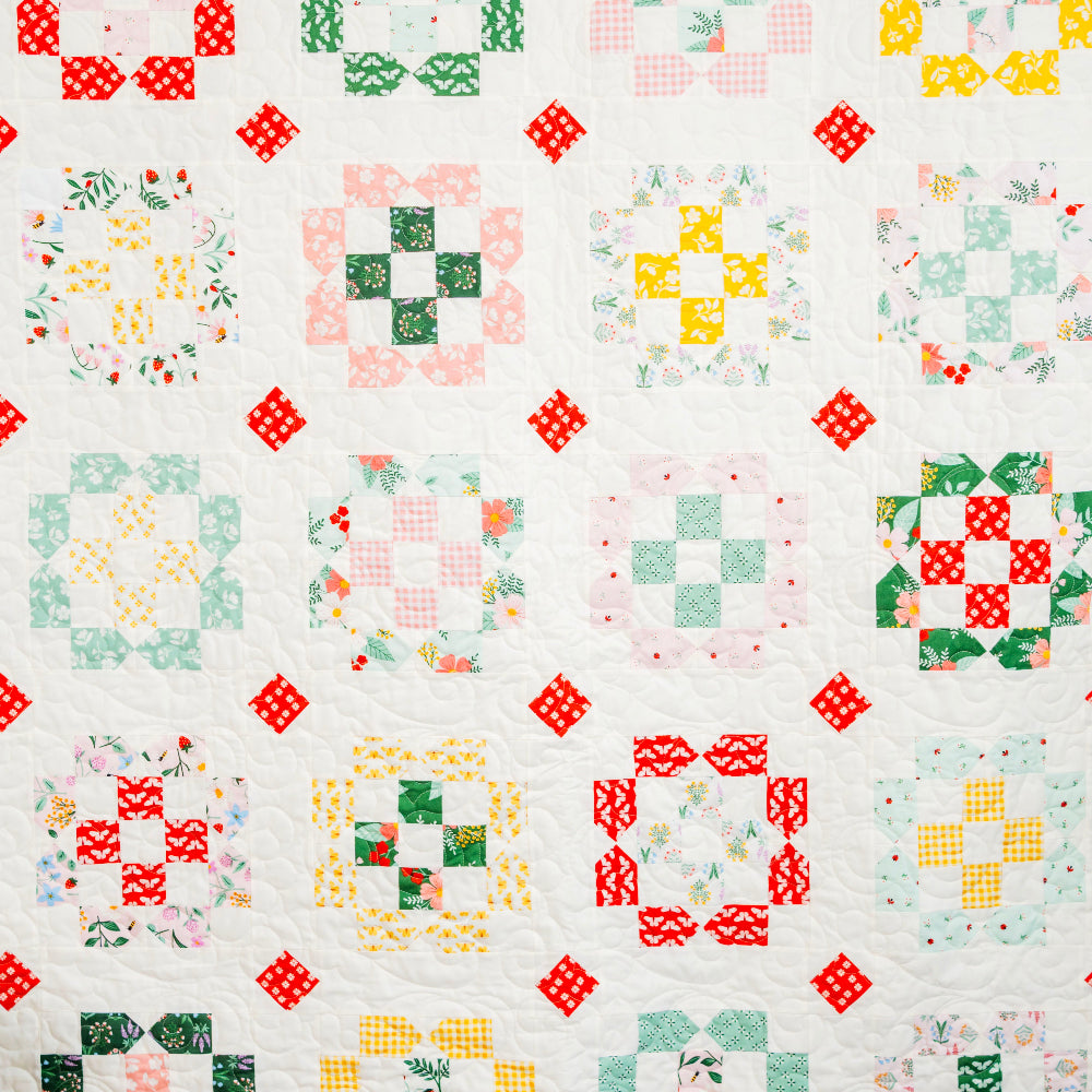 Quilt with various patterned blocks on a white background