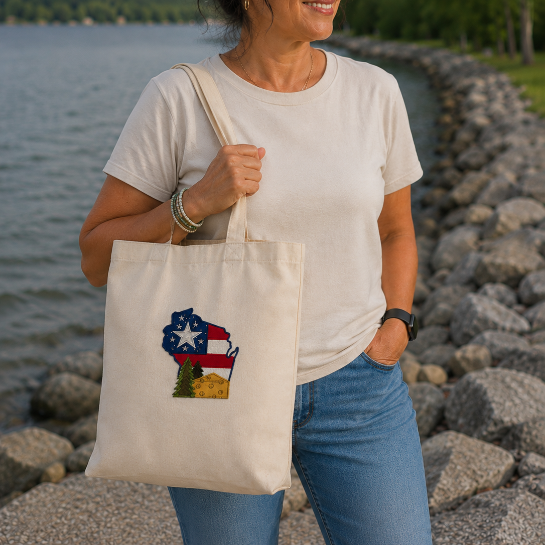 Woman holding a tote bag with a design by a lake