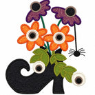 A stylized embroidered boot design with three orange flowers, two purple flowers, green leaves, and googly eyes, plus a small black spider on a white background.