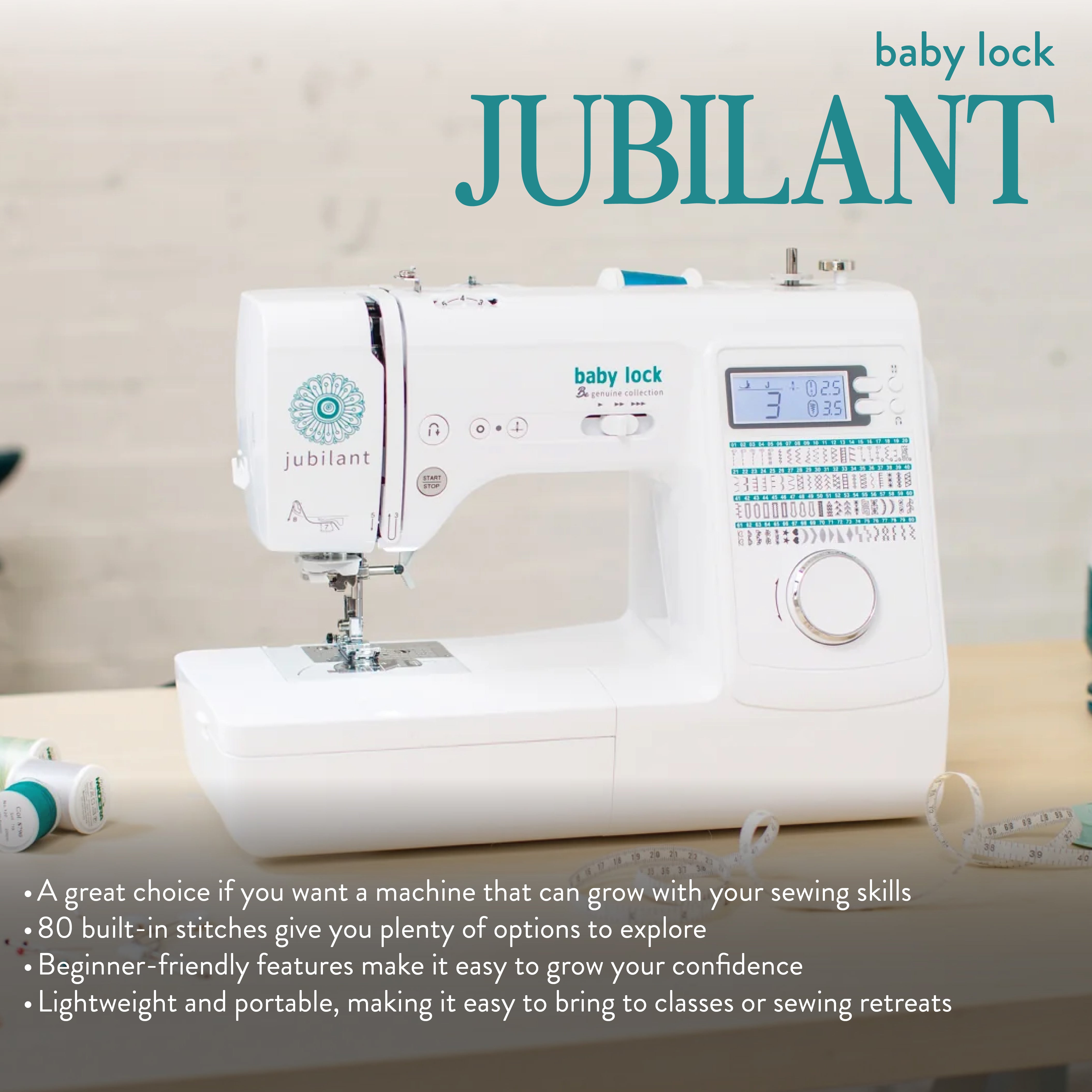 A white Jubilant Baby Lock sewing machine shown on a tabletop with promotional text overlays. The machine has a digital display, blue stitch selector markings, and branding printed on the body.