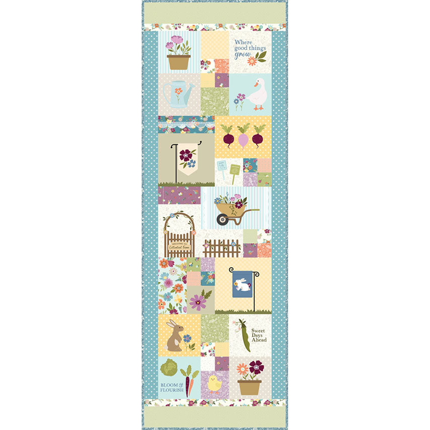 Patchwork panel with garden-themed designs on a white background