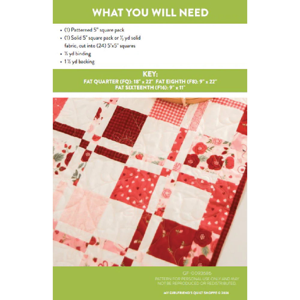 Quilt pattern with fabric requirements and key on a green background