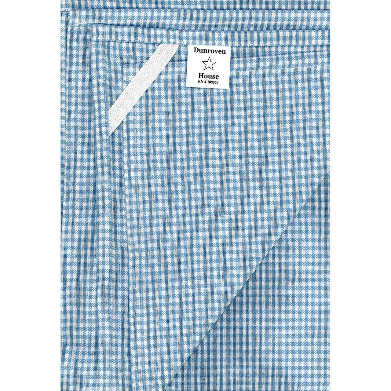 Blue and white checkered fabric with a Dunroven House label on a white background