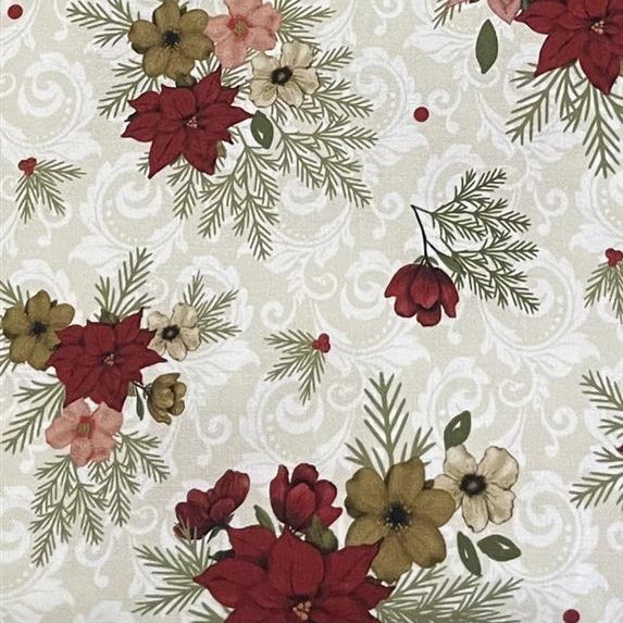 Floral pattern with red, pink, and green flowers on a beige background