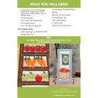 Instruction and materials sheet for a quilt applique kit, showing a checklist of included items, a color key, and photos of quilted strawberry appliques and a finished quilt setup on a metal frame.