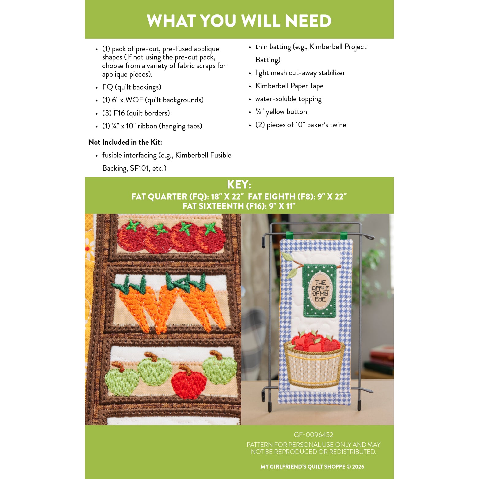 Instruction and materials sheet for a quilt applique kit, showing a checklist of included items, a color key, and photos of quilted strawberry appliques and a finished quilt setup on a metal frame.
