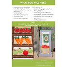 A product information sheet for a quilting pattern, titled 'WHAT YOU INCLUDED NEED', showing included applique shapes, a key with measurements, and a finished quilt design with fruit patches on a checkered background.