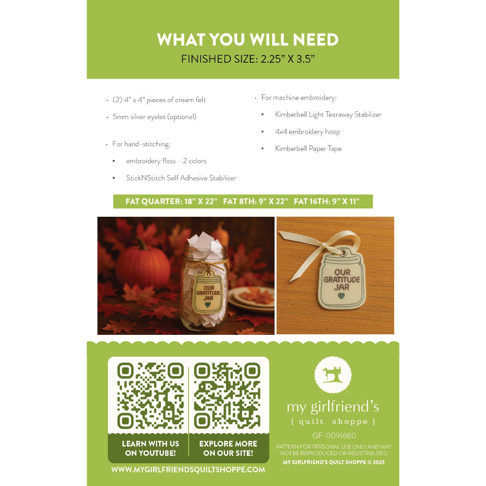 Instructions for a craft project with materials and finished size on a green background