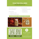 Instructions for a craft project with materials and finished size on a green background