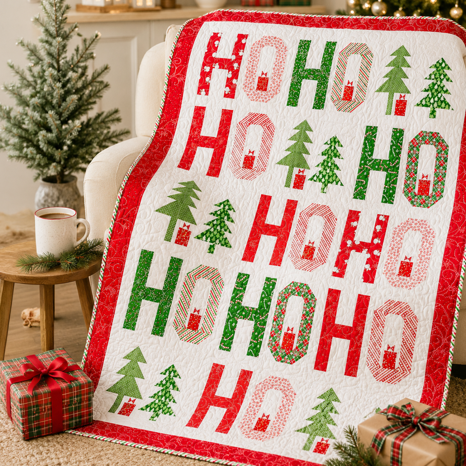 ho ho ho holiday quilt kit with red white and green holiday fabric 