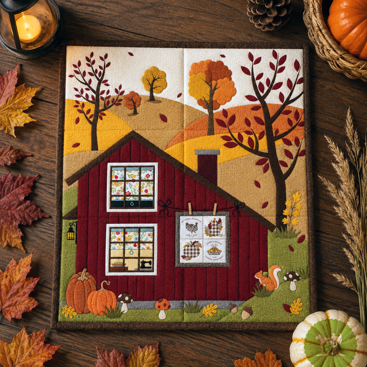 Decorative quilt with a red barn and autumn scenery on a wooden surface with fall leaves and pumpkins.