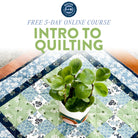 Promotional graphic for a free 5-day online course titled 'Intro to Quilting' with a quilted fabric table runner underneath a small potted green plant. A circular 'Quilting Class Passions' logo is visible at the top.