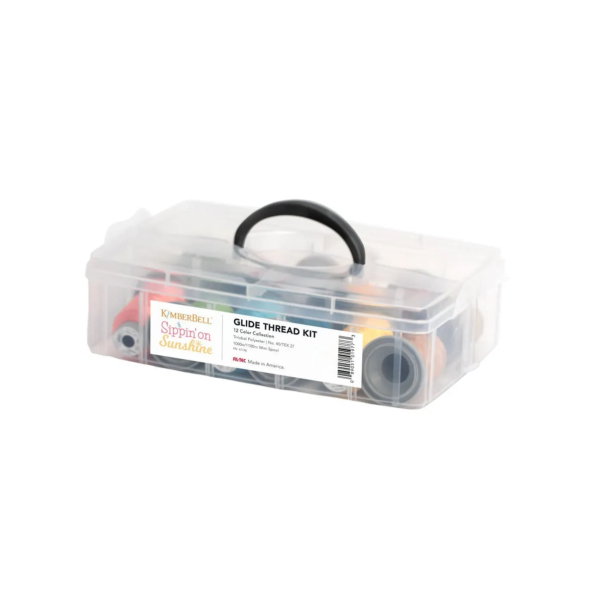 Clear thread kit with spools inside on a white background