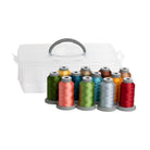 Set of colorful thread spools in a clear plastic case on a white background