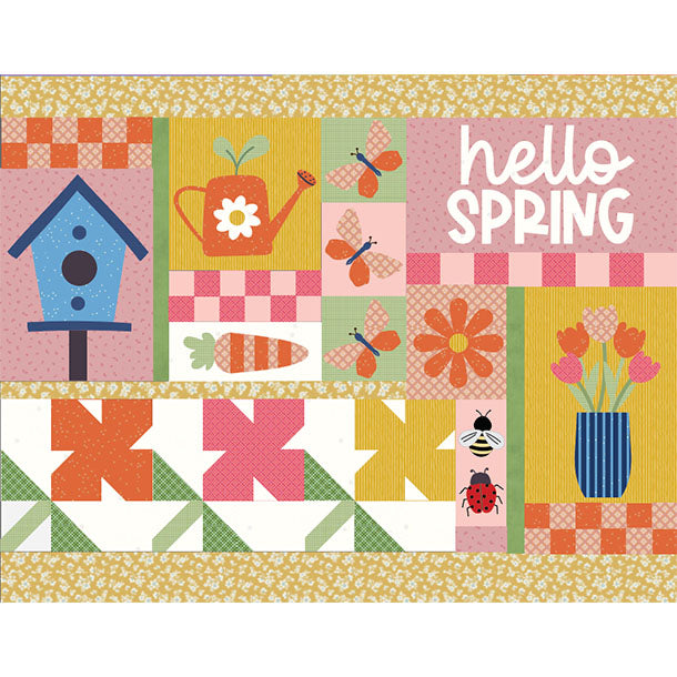Colorful patchwork design with spring-themed elements and 'hello spring' text.
