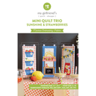 Cover of 'My Girlfriend's Quilt Shoppe' mini quilt trio embroidery pattern with colorful designs on a white background.