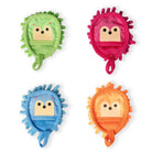 Four colorful children's pouches with cartoon faces on a white background