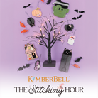 Halloween-themed decorations with a tree, pumpkins, ghosts, and bats on a purple background with Kimberbell branding.