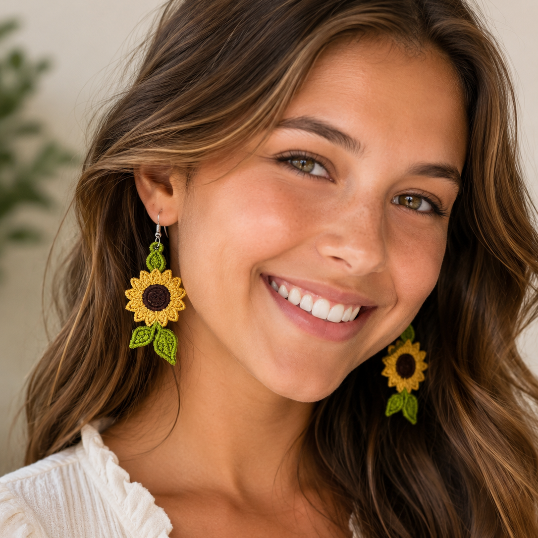 A smiling woman with long wavy brown hair wearing dangling sunflower earrings with yellow petals, dark centers, and green leaves, against a soft beige background.