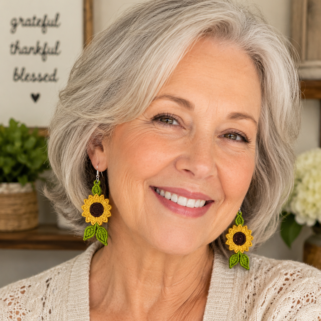 A smiling older woman with short gray hair wears large sunflower-shaped drop earrings with green leaves and a cream knit cardigan over a white top. The background shows a softly blurred indoor setting with framed wall art and plants.