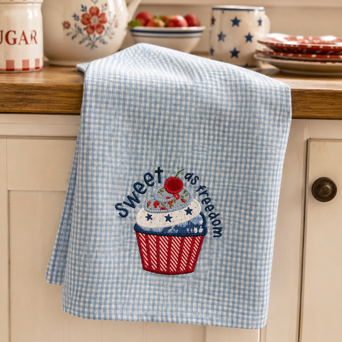 Kitchen towel with a patriotic design hanging on a cabinet, with a vase of flowers and fruit in the background.