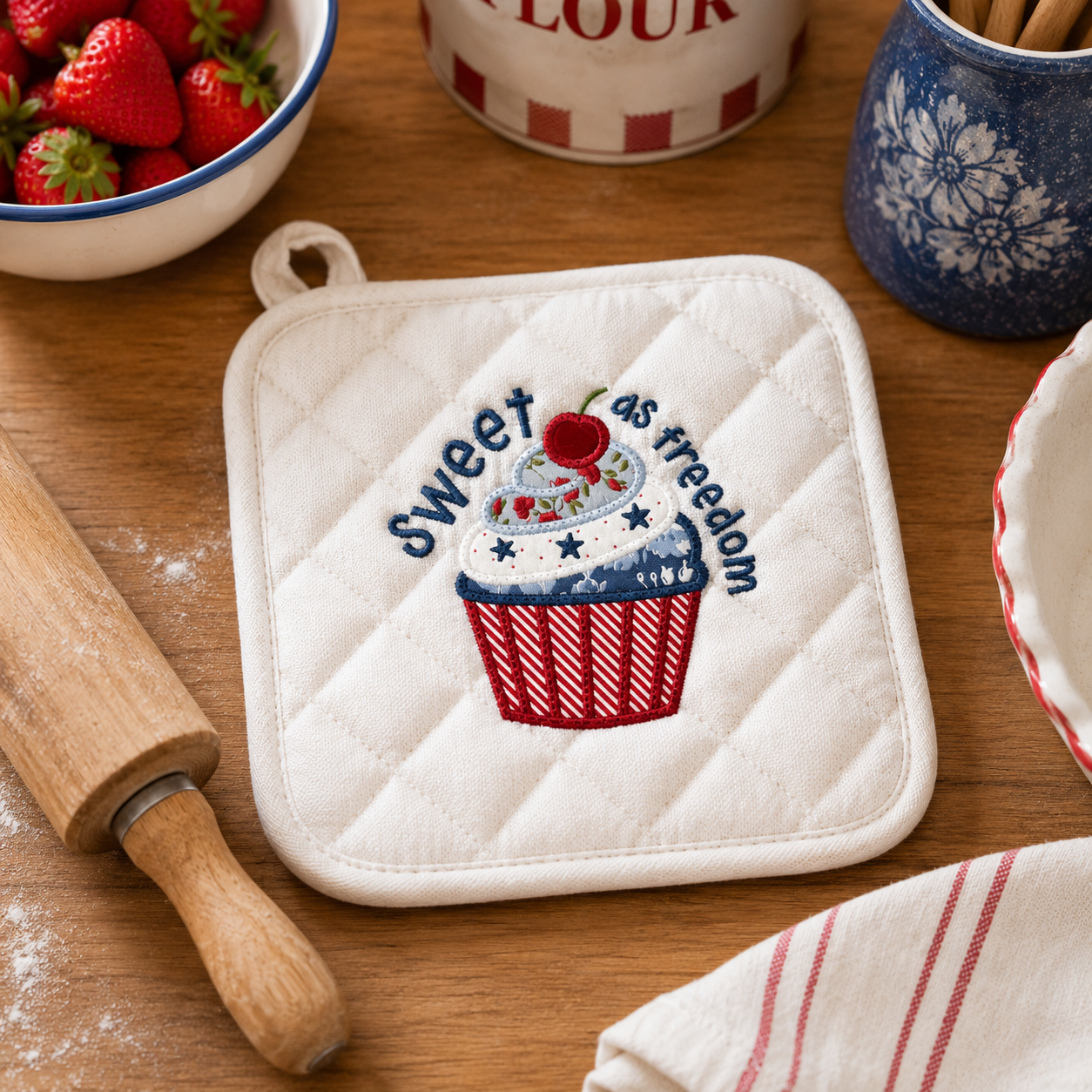 White quilted pot holder with embroidered design on a wooden surface with kitchen items.