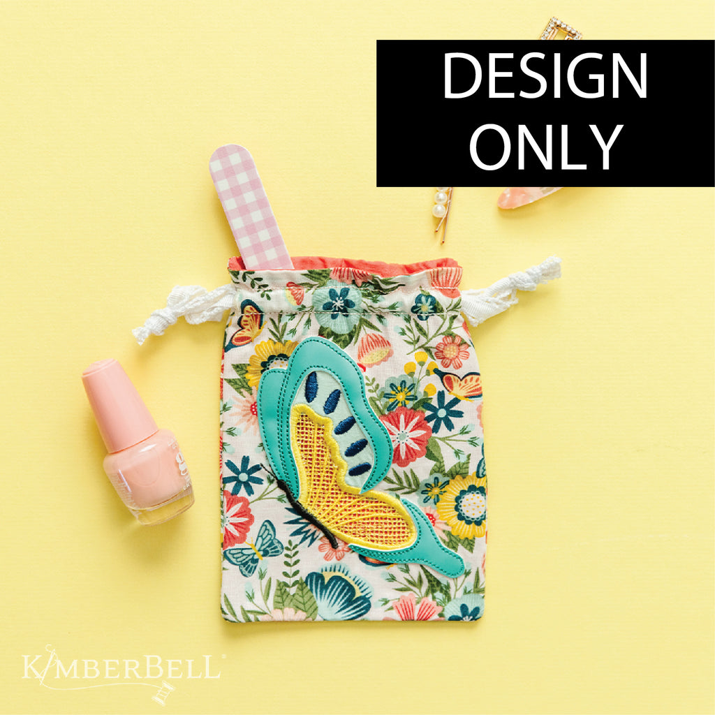 A drawstring pouch with an applique butterfly.