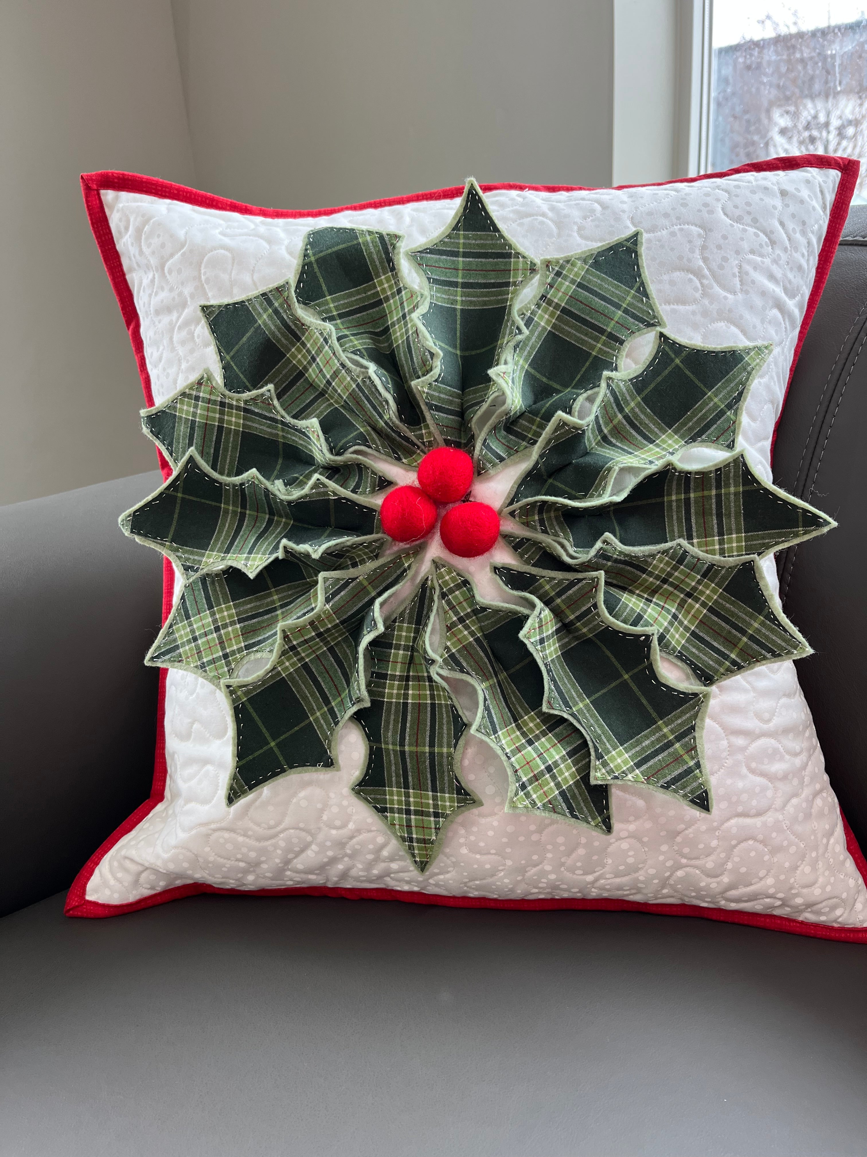 Embroidered Green Holly Christmas Pillow