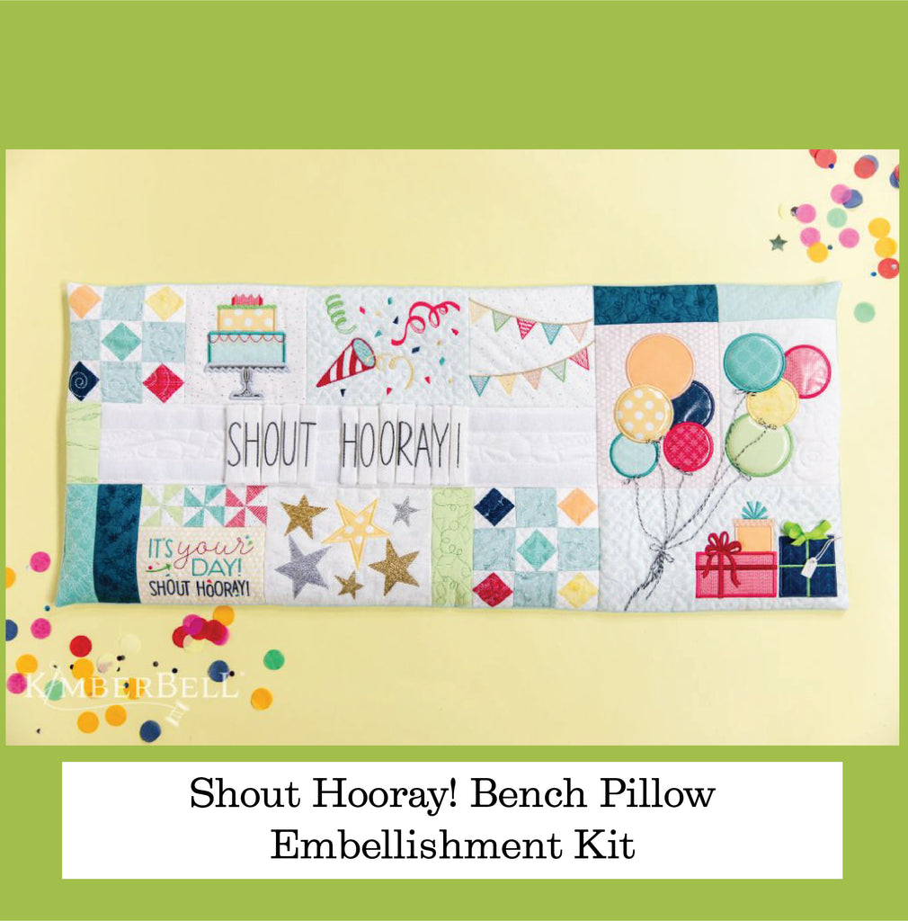 Shout Hooray Bench Pillow on a yellow and green background